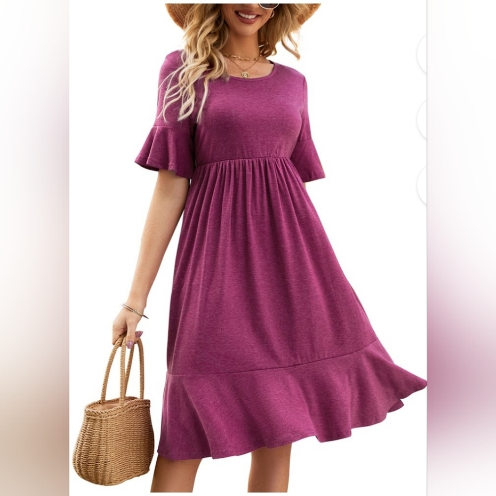 NWT! KidLove Womens Medium wine purple tiered babydoll flutter sleeve midi dress